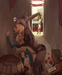 1boy 2girls against_wall alley animal_ears apple ass ball_gag blonde_hair bondage breast_fondling breast_grab breasts bunny_ears closed_eyes curvy dark_skin doggy_style drool faustsketcher female female_penetrated femsub final_fantasy final_fantasy_xii fingering fran from_behind from_behind_position fuck_meat gag gagged groping heart human hume intersex large_ass large_breasts lesbian lesbians lezdom lezsub long_hair male panties penelo penis_out public red_ball_gag restrained sex short_hair silver_hair spoken_heart square_enix strap-on sweat underwear very_long_hair viera white_hair_female yuri