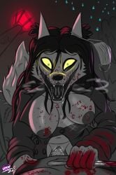 alan_(word360) anthro areola asian_mythology black_hair blood blood_on_breasts blood_on_clothing blood_on_face blood_on_hand blood_on_weapon blood_splatter bodily_fluids body_horror bottomless bouncing_breasts breasts breath building canid canine canis clothed clothing coat creepy domestic_dog dominant dominant_female drow462 duo east_asian_mythology female female_on_top first_person_view fluffy fluffy_tail fox fur genital_fluids genitals ghost glasgow_smile glowing glowing_eyes gore green_eyes hair hi_res horror horror_(theme) inner_ear_fluff inverted_nipples japanese_mythology kuchisake-onna lamp lantern long_hair looking_at_viewer looking_down looking_down_at_viewer male male/female male_pov mammal mask medical_instrument megumi_(word360) monster_girl mostly_nude_anthro mostly_nude_female motion_lines mythology night nightmare_waifu nipples nude nude_anthro nude_male on_top onryo paper_lantern penetration penile penile_penetration penis penis_in_vagina plant public_domain puffy_areola pussy scar scientific_instrument scissors sex smile smiling_at_viewer spirit street_lamp submissive submissive_male surgical_mask tail topwear tree trenchcoat tuft urban_legend vaginal_fluids vaginal_penetration vulva weapon white_body white_fur yellow_eyes yellow_sclera yokai