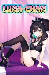 ai ai_art ai_generated black_hair black_panties catgirl chains female heterochromia looking_at_viewer luna_chan_(youtaite) shackles sitting_on_bed thighhighs vtuber youtaite