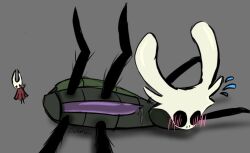 blush blush_lines bug checkersplon emanata hollow_knight hornet_(hollow_knight) lowres male male_focus penis precum precum_on_penis precum_string purple_penis styx_(hollow_knight) tagme