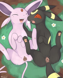 2girls anus eeveelution espeon female fur furry_ears furry_tail multiple_girls nintendo nude pokemon pokephilia presenting presenting_pussy pussy red_eyes spread_legs spreading tail tom_smith tongue umbreon video_games