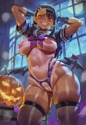 1girls ai_assisted ai_generated areolae belly_button big_breasts blush breasts female female_only halloween hayase_nagatoro highres nipples patreon patreon_logo please_don't_bully_me,_nagatoro pussy shexyo smile smiling solo solo_female sweating tan_body tanline thick_thighs thighs