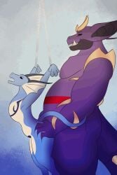 alvasir_(artist) ambiguous_gender animated anthro ass bara belly blue_body bound butt_grab chained chains duo eeveelution fin from_behind_position generation_1_pokemon generation_4_pokemon generation_7_pokemon giratina grin hand_on_butt haze_the_giraking hi_res hybrid legendary_pokemon male male/ambiguous mammal marine nidoking nintendo penetration pokemon pokemon_(species) purple_body salazzle scalie sex simple_background smile stomach_bulge tail vaporeon yaoi