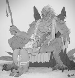 blowjob body_paint cock_worship cum cum_drip cum_in_pussy cum_inside dark_elf dark_elf_female drow drow_(dnd) dungeons_and_dragons elf elf_ears elf_female fantasy fellatio female femsub forgotten_realms greyscale large_ass large_penis lizard lizard_humanoid lizardfolk_(dnd) lizardman long_hair male messy mizz'ri_(birbartist) monster monster_cock monster_on_female nipples penis potionaholic pussy tribal very_long_hair white_background white_hair