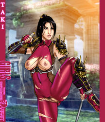 areolae armor black_hair bodysuit breasts clothes dual_wielding female female_only hair hair_ornament human namco ninja nipples ponytail pubic_hair pussy raised_leg shoulder_armor solo soul_calibur soul_calibur_iv sword taki tied_hair tight_clothes torn_clothes vagina weapon zakuman