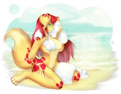 2013 anthro beach black_nose breasts canine cloud color day drying female fur furry green_eyes hair hindpaw kkmck kneeling long_hair navel nipples nude outdoors paws red_fur red_hair sand seaside sky smile solo spots thighs towel water yellow_fur