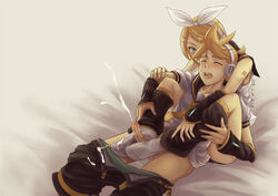 blue_eyes blush bow brother_and_sister closed_eyes cum ejaculation elleciel.eud footjob hair_ornament hairband hairbow hairclip headset incest kagamine_len kagamine_rin penis shorts shorts_pull socks underwear_pull vocaloid