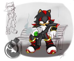 anthro balls black chaos_emerald chest_tuft cigarette fur gloves hedgehog male male_only mammal neokat penis red_eyes sega shadow_the_hedgehog smoke smoking solo sonic_(series)