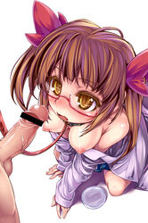 blush bondage censored collar glasses highres nipples original penis ribbon sasa_ichi slave