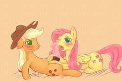 2013 applejack_(mlp) blonde_hair blush cowboy_hat cutie_mark dickgirl duo equine erection fellatio female feral fluttershy_(mlp) freckles friendship_is_magic furry green_eyes hair hat horse horsecock intersex licking my_little_pony open_mouth oral oral_sex pegasus penis pink_hair pony rigi sex simple_background tongue tongue_out wings