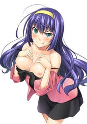 :q ahoge blush breasts cum cum_in_mouth cum_on_body cum_on_breasts cum_on_upper_body dress_pull green_eyes hairband highres long_hair naughty_face nipples original purple_hair strap_slip tenkuu_nozora tongue