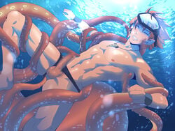 1boy black_monkey clenched_teeth closed_eyes cum cum_while_penetrated goggles male male_only malesub necklace ocean octopus_tentacle penis rape solo tentacle_on_male underwater water