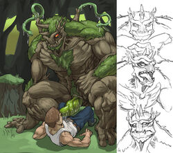 beralin gay green_tentacles huge_cock human imminent_rape imminent_tentacle_rape male monster monster_boy monster_on_male muscle muscles on_back plant_monster size_difference tentacle tentacle_monster tentacle_on_male tree