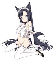 1boy animal_ears apron black_eyes black_hair cat_ears elbow_gloves gloves little_penis long_hair maid_headdress male mary_janes montanyaoh naked_apron navel original penis penis_ribbon ribbon shoes strap_slip thighhighs trap very_long_hair