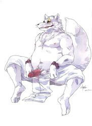 1boy 2013 aledonrex anthro balls beads canine erection fox fur furry furry_only gingitsune gintaro looking_at_viewer male male_only nipples penis plain_background precum solo undressing vein white_fur