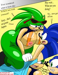 1boy 1girls adc1309 areola bimbo blue_fur breasts busty cleavage female furry hedgehog male mammal nipples nobody147 rule_63 scourge_the_hedgehog selfcest sonic_(series) sonic_the_hedgehog voluptuous