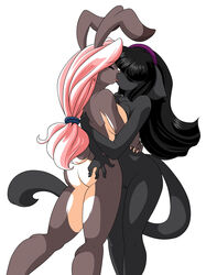 animal_ears anthro ass ass_grab black_fur black_hair breast_squish breasts cat_ears cat_tail chalo claws edit feline female floppy_ears fur furry grey_fur hair kissing lagomorph las_lindas long_hair nude photoshop pink_hair plain_background pose pussy rachael_saleigh red_photoshop standing taffy_rudiger white_fur yuri