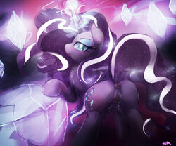 2013 anus ass big_crotchboobs blue_eyes crotchboobs cutie_mark equine eyeliner female friendship_is_magic gaping gaping_pussy horn horse looking_at_viewer looking_back my_little_pony nightmare_rarity pony pussy pussy_juice rarity_(mlp) signature solo surgicalarts two_tone_hair unicorn