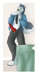 1boy anthro bed canine clothes erection fur furry husky looking_at_viewer male male_only necktie pants penis pillow shirt solo straydog undressing