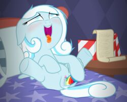 2013 bed blue_eyes blush braille clitoris dildo doucheclop equine female hair horse letter masturbation my_little_pony original_character pegasus pony pussy pussy_juice saliva sex_toy snowdrop_(mlp) solo text tongue tongue_out translation_request wings young