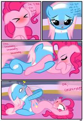 blue_body blue_eyes blush closed_eyes comic cunnilingus cutie_mark dialog english_text equine female feral friendship_is_magic hair hi_res horse kick lotus_blossom my_little_pony oral oral_sex pink_body pink_hair pinkie_pie_(mlp) pony pyruvate sex text vaginal_penetration yuri