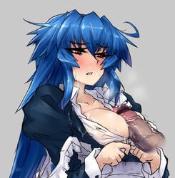 blue_hair blush cleavage long_hair maid penis red_eyes sharp_teeth skj