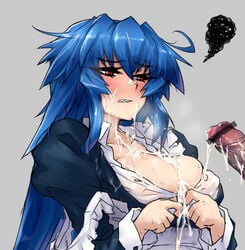 blue_hair blush cleavage cum long_hair maid penis red_eyes sharp_teeth skj