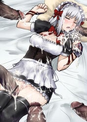 bed blood closed_eyes cum dark-skinned_male dark_skin eris_(cosmic_break) fellatio female gangbang group_sex hair interracial long_hair maid male multiple_boys multiple_penises oral penis pillow skj white_hair