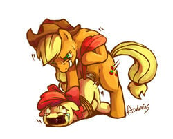 1futa 1girls 2013 apple_bloom_(mlp) applejack_(mlp) audrarius blonde_hair bound bow cowboy_hat cutie_mark dickgirl duo equine female femsub feral forced friendship_is_magic furry futa_on_female futadom futanari gagged green_eyes hair hat horse incest intersex my_little_pony penetration plain_background pony rape red_hair sex siblings signature sisters tear text white_background