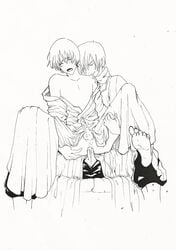 2boys anal ass ass_grab axis_powers_hetalia bare_shoulders biting blush honda_kiku ivan_braginski japan_(hetalia) kimono male monochrome multiple_males multiple_penises open_mouth outline penis russia_(hetalia) sex short_hair sitting_on_person spread_legs uniform yaoi