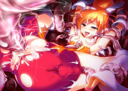 bike_shorts blush boots breasts censored clothing cum cure_sunny female flat_chest high_heel_boots high_heels hino_akane human long_hair magical_girl migumigu nipples on_back open_mouth orange_eyes orange_hair precure pretty_cure pussy shorts shorts_under_skirt smile smile_precure spread_legs tentacle tiara topless torn_clothes