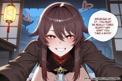 1girl ai_assisted ai_generated chinese_clothes english_text fatest_squirrel flat_chest genshin_impact grin hu_tao_(genshin_impact) kneeling leaning_forward long_sleeves looking_at_viewer no_headwear open_mouth short_shorts straight_hair symbol-shaped_pupils