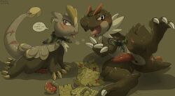 animal_genitalia apple ass blush blush_lines bodily_fluids claws dialogue dinosaur drooling duo food fossil_pokemon fruit generation_6_pokemon generation_7_pokemon genital_fluids genital_slit genitals inviting jangmo-o leaking_precum lying male map nintendo on_back on_front open_mouth paper penis plant pokemon pokemon_(species) pokemon_mystery_dungeon precum prehistoric_species presenting presenting_hindquarters presenting_penis qrnrr reptile saliva scalie scar scarf simple_background speech_bubble spike_chunsoft sweat sweatdrop tail text tongue tongue_out tyrunt