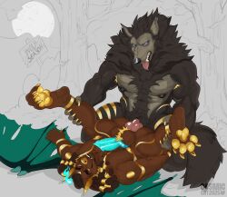 absurd_res anthro anubis anubis_bayek balls beans_(disambiguation) bodily_fluids canid canine canis cosmicat cum deity duo egyptian_mythology genital_fluids genitals hi_res hogan_bayek jackal knot male male/male mammal middle_eastern_mythology muscular mythological_canine mythological_creature mythology nips paws penis tongue werecanid werecanine werecreature werewolf