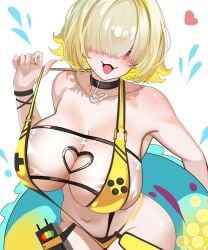 1girls absurdres areola_slip armpits black_choker blonde_hair breasts choker commentary elegg_(boom_and_shock)_(nikke) elegg_(nikke) goddess_of_victory:_nikke highres holding holding_swim_ring huge_breasts innertube looking_at_viewer navel official_alternate_costume open_mouth purple_eyes short_hair slingshot_swimsuit solo stomach swim_ring swimsuit velmillix white_background yellow_slingshot_swimsuit