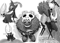 absurd_res all_fours animal_genitalia animal_penis anthro anus arthropod black_body bodily_fluids clitoris cloak cloak_only closed_eyes clothed clothed_sex clothing crouching cum cum_from_vagina cum_in_vagina cum_inside cum_on_face cum_on_ground cum_string cumshot digital_media_(artwork) drooling ejaculation erection female female_penetrated from_behind_position genital_fluids genitals grindle_(hollow_knight) group hi_res holding_horn holding_partner hollow_knight hollow_knight:_silksong hollow_knight_(franchise) horn hornet_(hollow_knight) insects kneeling larger_male leaking_cum male male/female male_penetrating male_penetrating_female monochrome one_eye_closed orgasm penetration penile penile_penetration penis saliva saliva_string seth_(hollow_knight) sex size_difference skarrgard smaller_female smaller_penetrated spread_legs spreading standing standing_sex stomach_bulge sweat sweatdrop team_cherry tush_(artist) vaginal_penetration vulva