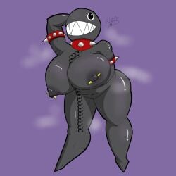 anthro armpit_fetish armpit_tuft ass big_breasts big_butt black_body black_nipples black_skin bound breasts chain_chomp chained chained_collar chains collar dark_nipples female foxchen hi_res jewelry mario_bros monster musk necklace nintendo nipple_piercing nipples overweight overweight_anthro overweight_female piercing sharp_teeth skewer slightly_chubby slightly_chubby_female smile smiley_face solo spikes steam teeth