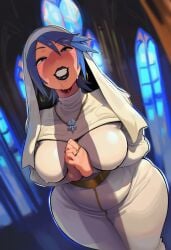 1boy ai_generated aqua_(kingdom_hearts) belt black_lips blue_eyes blue_hair blue_lips blush breasts church cock_worship cross cross_necklace curvy dress dutch_angle earrings face female grin habit indoors jewelry kingdom_hearts kingdom_hearts_birth_by_sleep large_breasts lipstick looking_at_viewer makeup naughty necklace nun own_hands_together penis penis_shadow praying ring shadow short_hair silhouette smile solo_focus splashthomson straight sweat teeth veil wide_hips