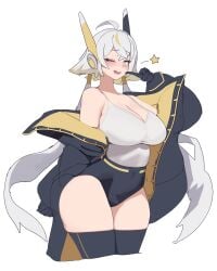 tank_top 1girls absolute_territory antennae arched_back big_breasts blush blushing_at_viewer coat female female_only finger_on_cheek gloves gold_hair grey_coat grey_eyes grey_gloves grey_pants grey_shorts grey_thighhighs gya_rb headphones high_waisted_pants light-skinned_female long_hair one_arm_behind_back one_eye_closed open_coat open_mouth renewa_(trickcal) renewa_(trickcal_re:vive) short_hair short_shorts solo spoken_star standing star thick_thighs thighhighs three-quarter_portrait trickcal trickcal_re:vive two-tone_clothing two-tone_hair two-tone_jacket two_tone_clothing two_tone_hair two_tone_jacket white_background white_hair white_tank_top white_top white_topwear wink winking winking_at_viewer yellow_coat yellow_hair