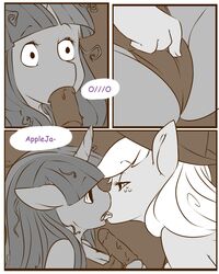 2013 anthro anthrofied applejack_(mlp) comic dialog duo english_text equine female freckles friendship_is_magic horn horse ice_pop monochrome my_little_pony pony rubbing straight_hair surprised swimsuit text tiki_san twilight_sparkle_(mlp) unicorn yuri