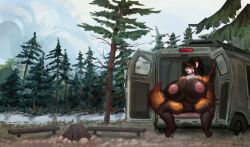 absurd_res ailurid anthro areola ass big_areola big_breasts big_butt big_nipples black_nose breasts brown_body brown_fur campfire camping drunk_ferret eyewear female forest forest_background fur genitals glasses hi_res huge_areola huge_breasts huge_nipples innie_vulva looking_at_viewer mammal medium_truck nature nature_background nipples orange_body orange_fur outer_labia plant red_panda smile solo thick_thighs tree truck van vehicle vulva