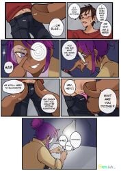 1boy 1girl1boy 1girls bowtie brown_hair clothed_female clothed_male coat comic comic_page dark-skinned_female dark_skin desk female giant_hand giantess glasses interrogation nenekun original_character page_2 purple_eyes purple_hair rubbing shrunken_male size_difference smaller_male someone_else's_oc spiral_glasses taking_clothes_off taking_off_clothes taking_pants_off taped_arms taped_legs text tiny_male white_skinned_male