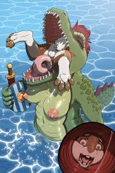 anthro areola balls breasts buckteeth claws closed_eyes countershade_torso countershading crocodilian curled_tongue detailed_mouth duo esophagus female fluffy fluffy_tail genitals glans green_body green_skin hair head_first hi_res lagomorph leporid licking male mammal melee_weapon mouth_shot navel nipples nude open_mouth oral oral_vore partially_submerged penile penis penis_lick pink_nipples pink_tongue rabbit red_hair reptile scabbard scales scalie scared sex sharp_teeth shield splash swallowing sword tail tail_spines teeth timor toe_claws tongue unwilling_prey vore weapon