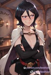 absurdres ai_generated anime arms_crossed belt bleach blush boots cape cleavage comic_panel fantasy female flat_chest hair_between_eyes hentai kuchiki_rukia lewdrune looking_away miniskirt pale_skin petite purple_eyes short_black_hair slender smug upper_body