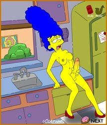 1futa 1girls alternate_breast_size animated areolae balls blue_hair breasts bush erect_nipples erection exhibitionism female futanari gijoepwns heels high_heels huge_penis human intersex kitchen large_breasts marge_simpson masturbation maude_flanders nipples nude penis refrigerator sink solo the_simpsons window yellow_skin