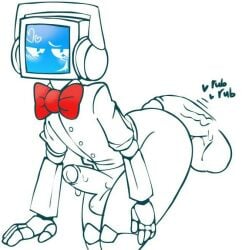 2boys affectionate anonymous_male bending_over big_ass blushing_at_partner bow bowtie cock_rub enjoying_sex enjoyment fandroid fandroid_the_musical_robot femboy half-closed_eyes headgear maxigoware_(artist) nervous_smile robot_boy rubbing rubbing_penis size_difference smile tv_head tv_screen unbuttoned_pants