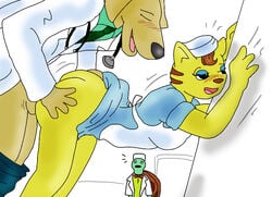 anthro anthro_on_anthro anthro_only ass ass_grab bent_over blush canine caught closed_eyes doctor doggy_style dr_atticus dr_matthews dress_lift feline female from_behind furry furry_only happy happy_sex hilltop_hospital hospital interspecies labcoat male mammal nurse nurse_kitty open_mouth sex smile stethoscope straight tortoise uniform wall