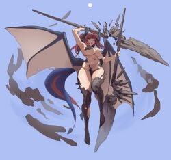 1girls :d armpit armpits barely_clothed beige_wings big_breasts blue_background blue_eyes blue_hair blue_highlights blue_horns blue_tail blue_wings double_tail dual_wielding female female_only flying glaive grey_pasties grey_thighhighs grey_wings gya_rb hairless_armpits hip_wings holding_glaive holding_object holding_polearm horns light-skinned_female long_hair looking_at_viewer looking_down looking_down_at_viewer low_angle_view low_view membrane_(anatomy) membranous_wings multi_tail neti_(trickcal) neti_(trickcal_re:vive) open_mouth pasties red_eyes red_hair red_tail sky sky_background solo tan_wings thich_thighs thick_tail thighhighs trickcal trickcal_re:vive twintails two-tone_eyes two-tone_hair two-tone_tail two_tails two_tone_eyes two_tone_hair two_tone_tail underboob waist_wings