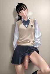 1futa against_wall ai_generated balls beige_vest big_penis black_eyes black_hair bowtie devaster dickgirl female futanari grin head_tilt high_school_student intersex long_sleeves looking_at_viewer ponytail school_uniform shirt simple_background skirt skirt_lift slender_waist small_breasts socks solo solo_futa standing steam teenage_futa teeth testicles veiny_penis