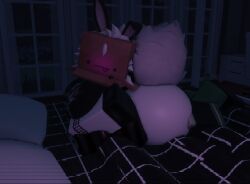 3d :p bedroom_background big_ass big_tail black_bunny_ears blush box box_head facesitting green_skin head_tilted_back no_panties on_bed pawpawmawmeow roblox roblox_avatar roblox_studio robloxian stockings text throbbing_penis white_body white_hair window windows